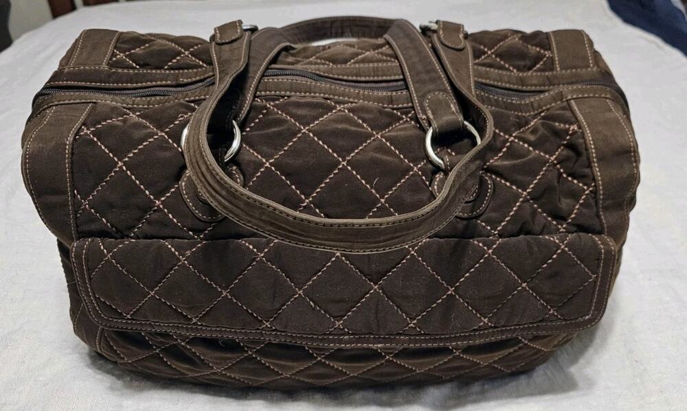 Vera Bradley Espresso Brown Quilted Microfiber Travel Bag Satchel Floral Lining
